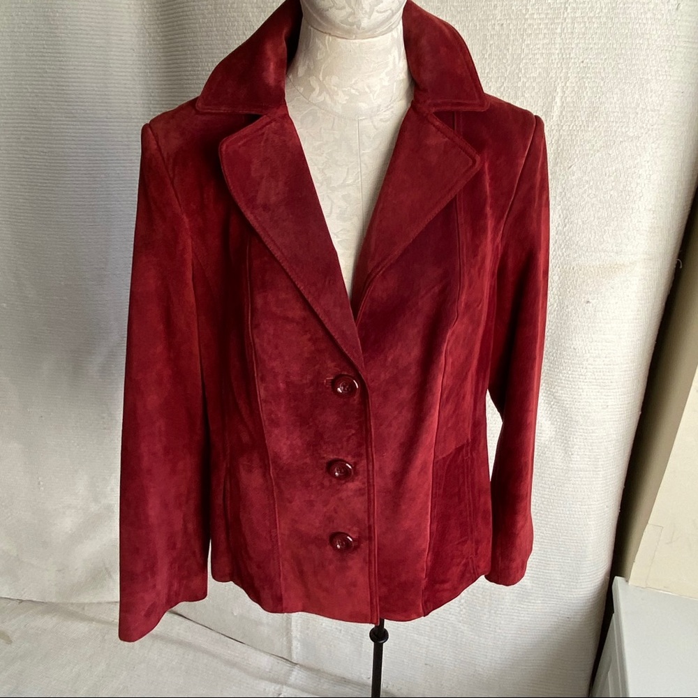 Vintage 90s L Red Suede Leather Jacket Burgundy - Picture 6 of 8